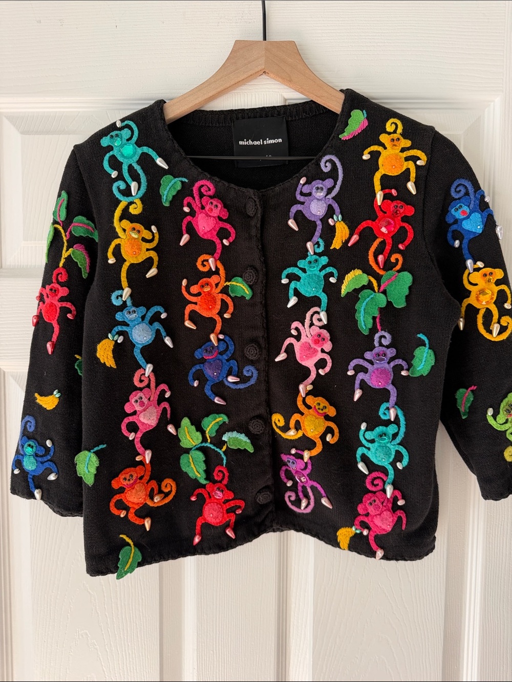 VTG Michael Simon Rainbow Monkey Embellished Cardigan Sweater